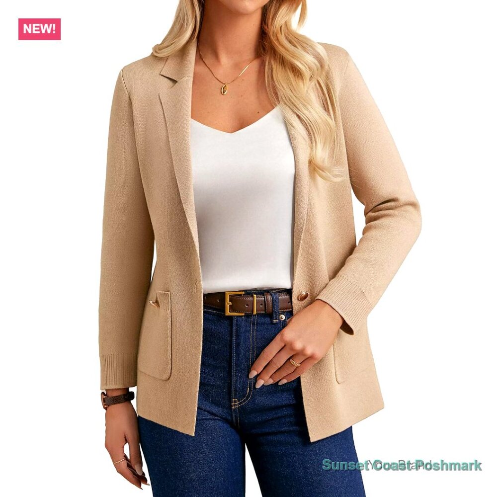 Polyester-Viscose Blend Sweater Blazer with Pockets, Business Casual